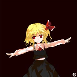 Rule 34 | 1girl, alphes (style), blonde hair, blush, dark, embodiment of scarlet devil, female focus, hair ornament, hair ribbon, kaoru (gensou yuugen-an), outstretched arms, parody, red eyes, ribbon, rumia, short hair, simple background, solo, spread arms, style parody, touhou