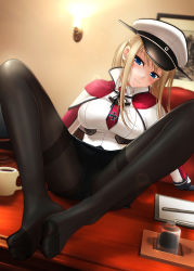 Rule 34 | 10s, 1girl, ass, black pantyhose, blonde hair, blue eyes, blush, breasts, capelet, cross, crotch seam, feet, feet together, female focus, gloves, graf zeppelin (kancolle), hair between eyes, hat, highres, kantai collection, large breasts, long hair, long legs, looking at viewer, miniskirt, necktie, no shoes, panties, panties under pantyhose, pantyhose, pantyshot, peaked cap, sidelocks, sitting, skirt, smile, solo, spread legs, tai (2vs), thighband pantyhose, tsurime, twintails, underwear, uniform, white panties