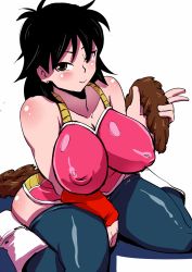 Rule 34 | 1girl, arm warmers, armor, bare shoulders, between legs, black hair, black thighhighs, blush, body blush, boots, breastplate, breasts, brown eyes, covered erect nipples, dragon ball, dragonball z, earrings, full body, gine, hand between legs, impossible clothes, inverted nipples, jewelry, large breasts, long hair, looking at viewer, monkey tail, nipples, rickert kai, seductive smile, shadow, simple background, sitting, skin tight, smile, solo, stud earrings, tail, thighhighs, v, wariza, white background, white footwear
