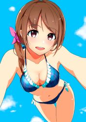 Rule 34 | 1girl, :d, bare arms, bare shoulders, bikini, blue background, blue sky, blush, bow, breasts, brown eyes, brown hair, cloud, cowboy shot, day, dot nose, gluteal fold, hair bow, hi iro, large breasts, leaning forward, looking at viewer, medium hair, navel, open mouth, original, pink bow, round teeth, side-tie bikini bottom, side ponytail, sky, smile, solo, standing, swimsuit, teeth, thigh gap, title