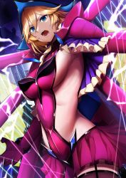 Rule 34 | 1girl, absurdres, aged up, black thighhighs, blonde hair, breasts, capelet, carol malus dienheim, clothing cutout, elbow gloves, garter straps, gloves, hat, highres, large breasts, long hair, looking at viewer, mole, mole under eye, open mouth, ribs, senki zesshou symphogear, shiny skin, side cutout, sideless outfit, skirt, solo, standing, teeth, thighhighs, usagits 00, wire