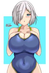 Rule 34 | 1girl, blue background, blue eyes, blue one-piece swimsuit, breasts, collarbone, competition swimsuit, covered navel, grey hair, hair ornament, hair over one eye, hairclip, hamakaze (kancolle), hands on own chest, highres, kantai collection, large breasts, looking at viewer, montemasa, neckerchief, one-piece swimsuit, short hair, solo, swimsuit, two-tone background, white background
