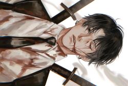 Rule 34 | 1boy, black hair, black necktie, blood, blood on clothes, blood on face, bloody tears, chainsaw man, chest belt, collared shirt, curtained hair, ear piercing, facial scar, highres, injury, katana, kishibe (chainsaw man), kishibe (young) (chainsaw man), looking at viewer, multiple piercings, ndsoda, necktie, open mouth, piercing, scar, scar on cheek, scar on face, shirt, short hair, sideways, simple background, solo, sword, weapon, weapon on back, white background, white shirt