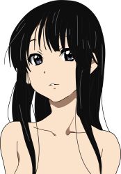 Rule 34 | 1girl, absurdres, akiyama mio, artist request, bare shoulders, black hair, collarbone, dot nose, highres, hime cut, k-on!, long hair, looking at viewer, nude, open mouth, simple background, smile, solo, source request, upper body, vector trace, white background