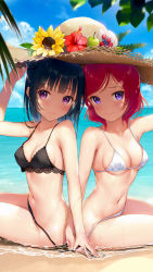 Rule 34 | 2girls, arm up, armpit peek, beach, bikini, black bikini, blue hair, blunt bangs, blush, breasts, cleavage, closed mouth, day, detexted, flower, from side, hand on headwear, hat, hat flower, highres, holding hands, in-franchise crossover, lace, lace-trimmed bikini, lace trim, long hair, looking at viewer, love live!, love live! school idol project, love live! sunshine!!, medium hair, mignon, multiple girls, navel, nishikino maki, outdoors, partially submerged, purple eyes, red hair, shared hat, short hair, side-tie bikini bottom, sitting, small breasts, smile, straw hat, sun hat, swimsuit, third-party edit, tsushima yoshiko, untied bikini, wet, white bikini