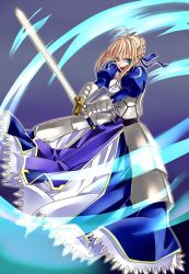 Rule 34 | 1girl, ahoge, armor, armored dress, artoria pendragon (fate), bad id, bad pixiv id, blonde hair, dress, fate/stay night, fate (series), faulds, fighting stance, gauntlets, green eyes, hair ribbon, kotori124589, open mouth, ribbon, saber (fate), solo, sword, weapon