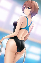 Rule 34 | 1girl, ass, black one-piece swimsuit, blue eyes, breasts, brown hair, commentary request, competition swimsuit, cowboy shot, dutch angle, from behind, hashi, looking at viewer, looking back, one-piece swimsuit, original, pool ladder, small breasts, solo, standing, swimsuit, two-tone leotard