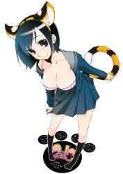 Rule 34 | 10s, 1girl, 2010, akeome, animal ears, animal print, black eyes, blue hair, bow, bow bra, bra, breasts, brown eyes, cleavage, happy new year, kimky, large breasts, new year, original, solo, striped bra, striped clothes, tiger print, underwear