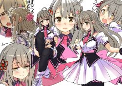 Rule 34 | 1girl, ahoge, alternate hairstyle, black thighhighs, blush, commentary request, dress, expressions, female focus, grey hair, hair ornament, hirowa nagi, indie virtual youtuber, kusunoki shio, kusunoki shio (channel), long hair, looking at viewer, multiple views, open mouth, pointy ears, tears, thighhighs, virtual youtuber, white background, yellow eyes