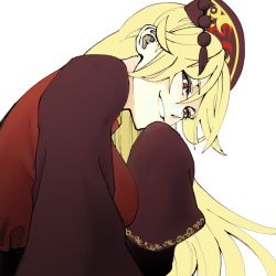 Rule 34 | 1girl, belt, black belt, blonde hair, breasts, brown dress, brown hat, chinese clothes, closed mouth, crescent, dress, hair between eyes, hand up, hat, junko (touhou), long hair, long sleeves, looking down, medium breasts, phoenix crown, pom pom (clothes), red eyes, red vest, shiguma (signalmass), simple background, sitting, smile, solo, tabard, teeth, touhou, vest, white background, wide sleeves