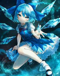 Rule 34 | 1girl, black footwear, blue bow, blue dress, blue eyes, blue hair, bow, cirno, closed mouth, detached wings, dress, fairy, frilled dress, frills, hair between eyes, hair bow, highres, ice, ice wings, kyogoku-uru, looking at viewer, puffy short sleeves, puffy sleeves, shirt, shoes, short hair, short sleeves, smile, socks, solo, touhou, white shirt, white socks, wings