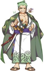 Rule 34 | 1boy, artist name, collarbone, earrings, full body, gourd, green hair, grin, hand on own hip, holding, holding sword, holding weapon, jewelry, male focus, muscular, muscular male, nekozukikensi, official alternate costume, one eye closed, one piece, pectorals, roronoa zoro, sandals, scar, scar across eye, scar on chest, scar on leg, sheath, sheathed, short hair, smile, sword, weapon, white background