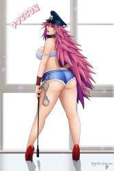Rule 34 | 1girl, abs, absurdres, ass, blue eyes, butt crack, capcom, chain, choker, crop top, cuffs, dante grapes, final fight, handcuffs, hat, high heels, highres, holding, holding whip, long hair, looking at viewer, midriff, peaked cap, pink hair, poison (final fight), short shorts, shorts, solo, street fighter