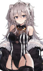 Rule 34 | adapted costume, ahoge, animal ears, appleseed (appleseed art), bare shoulders, black jacket, black thighhighs, blush, bow, bowtie, breasts, cleavage, closed mouth, covered navel, ear piercing, fur-trimmed jacket, fur trim, garter straps, grey eyes, grey hair, highres, hololive, jacket, large breasts, leotard, lion ears, lion girl, long hair, messy hair, off-shoulder jacket, off shoulder, piercing, see-through, see-through cleavage, shishiro botan, sidelocks, simple background, smile, solo, standing, thighhighs, virtual youtuber, white background