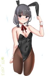 Rule 34 | 1girl, alternate costume, animal ears, black hair, black leotard, bow, bowtie, braid, breasts, brown eyes, brown pantyhose, covered navel, detached collar, fake animal ears, hair ribbon, highres, kantai collection, kitakami (kancolle), leotard, long hair, pantyhose, playboy bunny, rabbit tail, ribbon, single braid, small breasts, smile, solo, strapless, strapless leotard, tail, tf cafe, traditional bowtie, tress ribbon, twitter username, white background, wrist cuffs