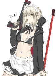 Rule 34 | 1girl, apron, artoria pendragon (all), artoria pendragon (fate), bikini, black bikini, black jacket, black skirt, blonde hair, breasts, cowboy shot, fate/grand order, fate (series), frilled bikini, frills, gun, highres, holding, holding gun, holding weapon, jacket, long sleeves, looking at viewer, maid, maid apron, maid bikini, maid headdress, medium breasts, mop, mouth hold, navel, neck garter, open clothes, open jacket, open mouth, saber alter, shell casing, simple background, sketch, skirt, solo, standing, swimsuit, tetsu (kimuchi), unconventional maid, weapon, white background, yellow eyes