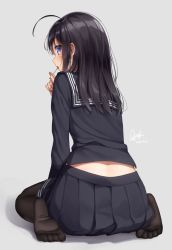 Rule 34 | 1girl, ahoge, black hair, black pantyhose, black sailor collar, black serafuku, black shirt, black skirt, blue eyes, blush, candy, commentary request, dated, feet, food, food in mouth, from behind, full body, grey background, highres, holding, holding candy, holding food, holding lollipop, lollipop, long hair, long sleeves, looking at viewer, looking back, miniskirt, no shoes, original, pantyhose, pleated skirt, sailor collar, school uniform, serafuku, shadow, shirt, sidelocks, signature, simple background, sitting, skirt, soles, solo, superpig, toes, wariza
