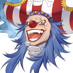 Rule 34 | 1boy, bicorne, blue eyes, blue feathers, buggy the clown, clown nose, colored sclera, facepaint, feathers, gloves, grey eyes, hat, hat feather, highres, long hair, looking at viewer, male focus, one piece, open mouth, portrait, red hat, red lips, skull and crossbones, solo, striped clothes, striped headwear, teeth, two-tone hat, white gloves, white hat, xuchuan, yellow sclera