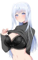 Rule 34 | 1girl, black bra, black sweater, blue eyes, blush, bra, breasts, cleavage, closed mouth, clothes lift, fuyutsuki (kancolle), highres, kantai collection, large breasts, lifted by self, long hair, long sleeves, looking at viewer, one side up, ribbed sweater, simple background, solo, sweater, sweater lift, turtleneck, turtleneck sweater, underwear, upper body, white background, white hair, yomogi dango