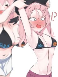 Rule 34 | !?, &lt;|&gt; &lt;|&gt;, 2girls, absurdres, arm up, armpits, arms up, bare shoulders, bikini, bikini top only, black bikini, black wings, blue archive, blush, brand name imitation, breasts, collarbone, commentary, cowboy shot, english commentary, feathered wings, full-face blush, gen (unzzenasd), hair between eyes, hanako (blue archive), head wings, highres, koharu (blue archive), long hair, multiple girls, navel, open mouth, pink hair, pornhub, pulling another&#039;s clothes, simple background, small breasts, solo focus, stomach, string bikini, sweat, sweatdrop, swimsuit, undressing another, white background, wings