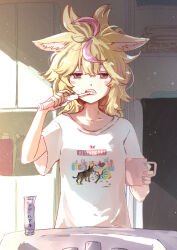 Rule 34 | 1girl, alternate hairstyle, animal ear fluff, animal ears, aqua nails, bathroom, black hair, blonde hair, blush stickers, brushing teeth, commentary, cup, day, faucet, fox ears, fox girl, half-closed eyes, hands up, highres, holding, holding cup, holding toothbrush, hololive, indoors, jitome, light particles, long hair, looking at viewer, messy hair, morning, multicolored hair, nail polish, omaru polka, open mouth, pink hair, pink nails, print shirt, purple eyes, shirt, short sleeves, sink, sleepy, solo, standing, streaked hair, sunlight, t-shirt, toothbrush, toothbrush in mouth, toothpaste, towel, upper body, virtual youtuber, waking up, white shirt, yami ara