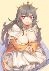 Rule 34 | 1girl, absurdres, artist name, blush, breasts, capelet, cleavage, cleavage cutout, closed mouth, clothing cutout, cowboy shot, crown, dated, dress, eyebrows, frills, from above, grey hair, hair between eyes, highres, large breasts, lips, long hair, long sleeves, looking at viewer, looking up, orange dress, own hands together, queen elizabeth (warship girls r), red eyes, redauto, sitting, smile, solo, steepled fingers, tiara, warship girls r, white legwear