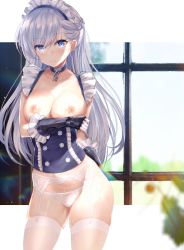 Rule 34 | 1girl, arm under breasts, azur lane, belfast (azur lane), blue eyes, blush, braid, breasts, chain, collar, collarbone, corset, cowboy shot, ero waifu, french braid, frills, garter straps, gauntlets, gloves, hair between eyes, indoors, lace, lace-trimmed panties, lace trim, large breasts, lingerie, long hair, looking at viewer, maid, maid headdress, nipples, no pants, panties, shiny skin, sidelocks, silver hair, skindentation, smile, solo, standing, sunlight, sweat, sweatdrop, thighhighs, thighs, underwear, white gloves, white panties, white thighhighs, window