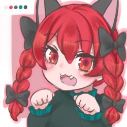 Rule 34 | 1girl, :3, :d, animal ears, black bow, bow, braid, cat ears, dress, fangs, green dress, hair bow, kaenbyou rin, looking at viewer, open mouth, paw pose, red eyes, red hair, satsuki mei (17maymay14), smile, solo, tail, touhou, twin braids