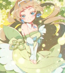 Rule 34 | 10s, 1girl, blonde hair, blue eyes, blunt bangs, bow, breasts, cleavage, detached sleeves, dress, earrings, gold princess, green dress, jewelry, long hair, lucy (amanecer), magical girl, six heart princess, smile, solo, taishin megumi, tiara, very long hair