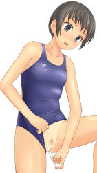 Rule 34 | 1girl, bad id, bad pixiv id, black eyes, black hair, blush, breasts, cleft of venus, clothing aside, female pubic hair, one-piece swimsuit, pubic hair, pussy, short hair, small breasts, solo, sparse pubic hair, speedo (company), swimsuit, swimsuit aside, takafumi, tampon, tan, tanline, uncensored