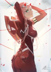 Rule 34 | 1girl, armlet, arms up, bodysuit, breasts, cowboy shot, darling in the franxx, fadingz, falling petals, from behind, green eyes, hairband, highres, horns, lips, long hair, looking at viewer, looking back, medium breasts, oni horns, parted lips, petals, pink hair, pixiv id, red bodysuit, red horns, signature, solo, twisted torso, white hairband, zero two (darling in the franxx)