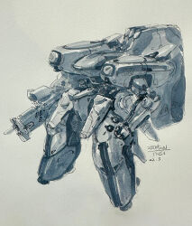 Rule 34 | 2022, assault rifle, captoon, commentary, concept art, dated, english commentary, gun, highres, machinery, mecha, mecha focus, missile pod, no humans, original, pen (medium), rifle, robot, scan, science fiction, scope, signature, sketch, traditional media, watercolor pencil (medium), weapon