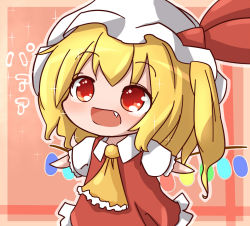 Rule 34 | 1girl, ascot, blonde hair, blush, chibi, dress, fang, female focus, flandre scarlet, hat, hat ribbon, kisa (k isa), open mouth, outstretched arms, red dress, red eyes, ribbon, shirt, side ponytail, solo, sparkle, touhou, wings