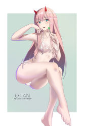 Rule 34 | 10s, 1girl, absurdres, aqua eyes, barefoot, bikini, breasts, candy, cleavage, collarbone, darling in the franxx, food, full body, hair between eyes, highres, holding, holding candy, holding food, holding lollipop, horns, index finger raised, invisible chair, lollipop, long hair, looking at viewer, medium breasts, nipples, open mouth, pink hair, qtian, see-through, side-tie bikini bottom, sideboob, sitting, solo, swimsuit, underboob, very long hair, watermark, web address, white bikini, zero two (darling in the franxx)