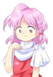 Rule 34 | 1girl, braid, closed mouth, dress, hand up, nonamejd, official style, parted bangs, pink eyes, pink hair, red dress, sara (touhou), short hair, simple background, smile, solo, touhou, touhou (pc-98), upper body, white background, zun (style)