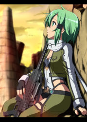 Rule 34 | 10s, 1girl, anti-materiel rifle, bolt action, fingerless gloves, gloves, green eyes, green hair, gun, hair ornament, hairclip, highres, letterboxed, looking at viewer, matching hair/eyes, nori tamago, pgm hecate ii, profile, rifle, scarf, short hair, sinon, sitting, sniper rifle, solo, sword art online, weapon