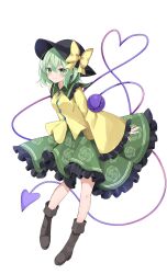 Rule 34 | 1girl, black hat, boots, bow, closed mouth, frilled skirt, frilled sleeves, frills, full body, green eyes, green hair, green skirt, grey footwear, hair between eyes, hat, hat bow, highres, hyurasan, komeiji koishi, long sleeves, looking at viewer, shirt, short hair, simple background, skirt, smile, solo, standing, touhou, white background, wide sleeves, yellow bow, yellow shirt