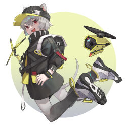 Rule 34 | 02 (0203rei ni), 1girl, :d, absurdres, animal ears, arknights, bag, baseball cap, black jacket, black skirt, camera, click (arknights), drone, ears through headwear, gradient legwear, hair between eyes, hat, highres, infection monitor (arknights), jacket, legs up, midair, mouse ears, mouse girl, mouse tail, open mouth, red eyes, shoes, short hair, skirt, smile, sneakers, solo, tail