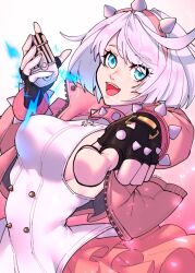 Rule 34 | 1girl, ahoge, black gloves, blue eyes, bracelet, breasts, collar, crab-san, dress, elphelt valentine, frilled dress, frills, gloves, guilty gear, guilty gear strive, hairband, holding, holding microphone, huge ahoge, jacket, jewelry, large breasts, long sleeves, looking at viewer, microphone, open mouth, pink dress, pink hairband, pink jacket, short hair, sideboob, smile, spiked bracelet, spiked collar, spiked hairband, spikes, two-tone dress, white dress, white hair