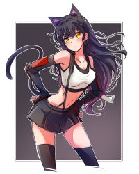 Rule 34 | 1girl, absurdres, animal ears, bare shoulders, black background, black gloves, black hair, black skirt, black thighhighs, blake belladonna, blush, bow, breasts, cat ears, cat tail, cleavage, collarbone, commentary request, cosplay, final fantasy, final fantasy vii, final fantasy vii remake, gloves, highres, iesupa, long hair, looking at viewer, medium breasts, miniskirt, rwby, shirt, simple background, skirt, solo, suspender skirt, suspenders, tail, thighhighs, tifa lockhart, tifa lockhart (cosplay), white background, white shirt, yellow eyes