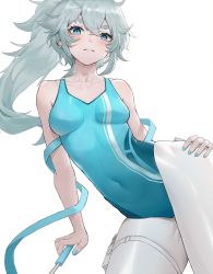 Rule 34 | 1girl, aqua hair, aqua nails, athletic leotard, bad anatomy, bare shoulders, blue eyes, blue leotard, blush, breasts, collarbone, covered navel, di qi gang guang, feet out of frame, girls&#039; frontline, gymnastics ribbon, hand on own thigh, highres, holding, holding wand, leotard, long hair, looking at viewer, medium breasts, nail polish, official alternate costume, open mouth, pa-15 (dance in the ice sea) (girls&#039; frontline), pa-15 (girls&#039; frontline), pantyhose, parted lips, ponytail, sitting, solo, thighs, wand, white background, white pantyhose