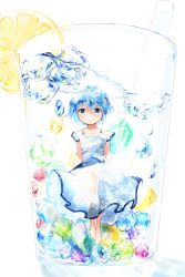 Rule 34 | 1girl, blue eyes, blue hair, collarbone, cup, dress, drinking straw, food, fruit, gem, hair ornament, hairclip, highres, ice, ice cube, lemon, lemon slice, looking at viewer, mahou shoujo madoka magica, mahou shoujo madoka magica (anime), miki sayaka, mzk0526, short hair, short sleeves, smile, solo, standing, submerged, water, white background