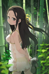 Rule 34 | 1girl, arms behind back, bad id, bad pixiv id, bamboo, bamboo forest, bare shoulders, black hair, blurry, blush, breasts, brown eyes, brown hair, character request, covered erect nipples, depth of field, dress, forest, frilled panties, frills, from behind, half updo, holding, holding shoes, layna scentriver, len (a-7), lingerie, long hair, looking back, nature, negligee, no bra, original, panties, see-through, shoes, sideboob, solo, sword girls, underwear, walking