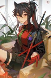 Rule 34 | 1girl, animal ears, arknights, armchair, black hair, black jacket, black shorts, boutonniere, breasts, chair, cigarette, collared shirt, cowboy shot, crossed bangs, dress shirt, flower, gloves, green necktie, hair between eyes, half gloves, highres, jacket, knee up, looking at viewer, medium breasts, mouth hold, multicolored hair, n (songzi30017), necktie, official alternate costume, open clothes, open jacket, orange eyes, plant, ponytail, purple flower, red gloves, red hair, red shirt, shirt, shorts, sidelocks, sitting, solo, streaked hair, striped clothes, striped necktie, striped shorts, suit jacket, sword, texas (arknights), texas (willpower) (arknights), thigh strap, weapon, white background, wolf ears