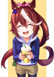 Rule 34 | 1girl, absurdres, animal ears, black legwear, blue jacket, bow, brown hair, child, closed eyes, commentary, cup, disposable cup, drink, drinking straw, hair between eyes, hair bow, hair ornament, hair ribbon, happy, highres, holding, holding drink, hood, hood down, hoodie, horse ears, horse girl, horse tail, jacket, multicolored hair, open mouth, ponytail, ribbon, shorts, sidelocks, smile, solo, streaked hair, tail, teeth, tokai teio (umamusume), toketa (toketa15), two-tone background, umamusume, upper teeth only, white hair, white hoodie