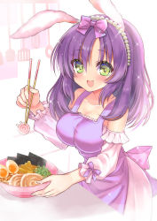 Rule 34 | 1girl, :d, absurdres, animal ears, apron, back bow, bare shoulders, blush, bow, breasts, chopsticks, cleavage, counter, detached sleeves, dress, food, green eyes, hair bow, hairband, highres, hinao, holding, holding chopsticks, holding food, kamaboko, kitchen, long hair, looking at viewer, narutomaki, noodles, open mouth, original, parted bangs, pearl hair ornament, purple hair, rabbit ears, rabbit girl, ramen, ribbon, smile, solo, sparkle, strapless, strapless dress, taut clothes