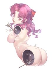 Rule 34 | 1girl, amputee, arrow (projectile), ass, back, branch, breasts, completely nude, doll joints, full body, hair ribbon, highres, joints, lips, long hair, looking at viewer, may (2747513627), medium breasts, nude, parted lips, petals, pink eyes, pink hair, quadruple amputee, red ribbon, ribbon, sayonara wo oshiete, simple background, solo, surreal, ueno koyori, white background