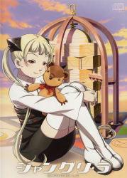 Rule 34 | 00s, 1girl, absurdres, blonde hair, blush, boots, bow, cover, dvd cover, female focus, full body, hair ornament, highres, hug, ishida karin, long hair, murata range, official art, outdoors, scan, shangri-la, sitting, sky, smile, solo, stuffed animal, stuffed toy, teddy bear, thigh boots, thighhighs, twintails, very long hair, white thighhighs, zettai ryouiki