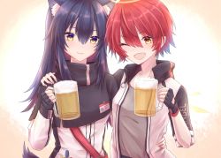 Rule 34 | 2girls, ;d, alcohol, animal ear fluff, animal ears, arknights, arm around shoulder, beer, beer mug, black capelet, black gloves, capelet, commentary request, cup, energy wings, exusiai (arknights), fingerless gloves, gloves, grey shirt, hair between eyes, halo, hand up, high collar, highres, holding, holding cup, jacket, long sleeves, mug, multiple girls, nazt, one eye closed, open clothes, open jacket, open mouth, purple hair, raglan sleeves, red hair, shirt, smile, texas (arknights), upper body, white jacket, wolf ears, yellow eyes