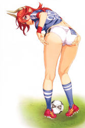 Rule 34 | 1girl, absurdres, adjusting clothes, adjusting shorts, ass, ball, bent over, breasts, cleats, demon girl, demon horns, from behind, highres, horns, kneepits, large breasts, long hair, nishii (damnedrive), nitroplus, official art, pigeon-toed, pointy ears, red eyes, red hair, satan (sin nanatsu no taizai), satan (the seven deadly sins), scan, short shorts, shorts, sin nanatsu no taizai, soccer ball, soccer uniform, socks, solo, sportswear, the seven deadly sins, wristband
